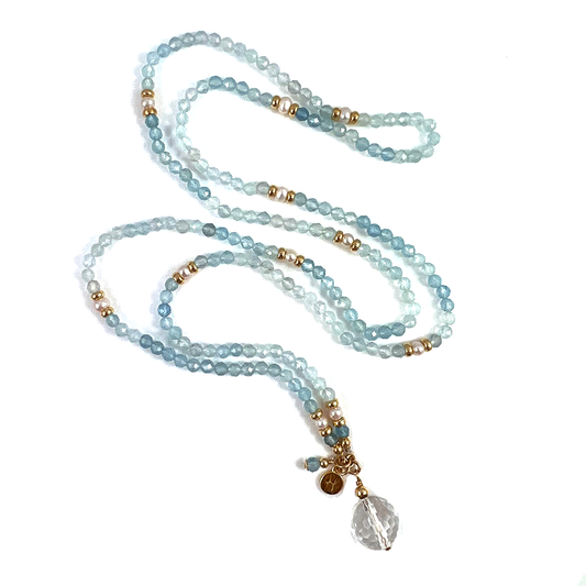 Long Aquamarine Beaded Gemstone Necklace | Pisces Birthstone