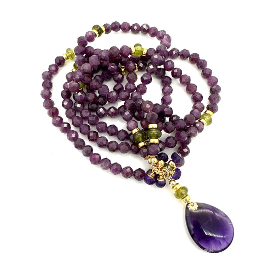Long Purple Sapphire Beaded Gemstone Necklace